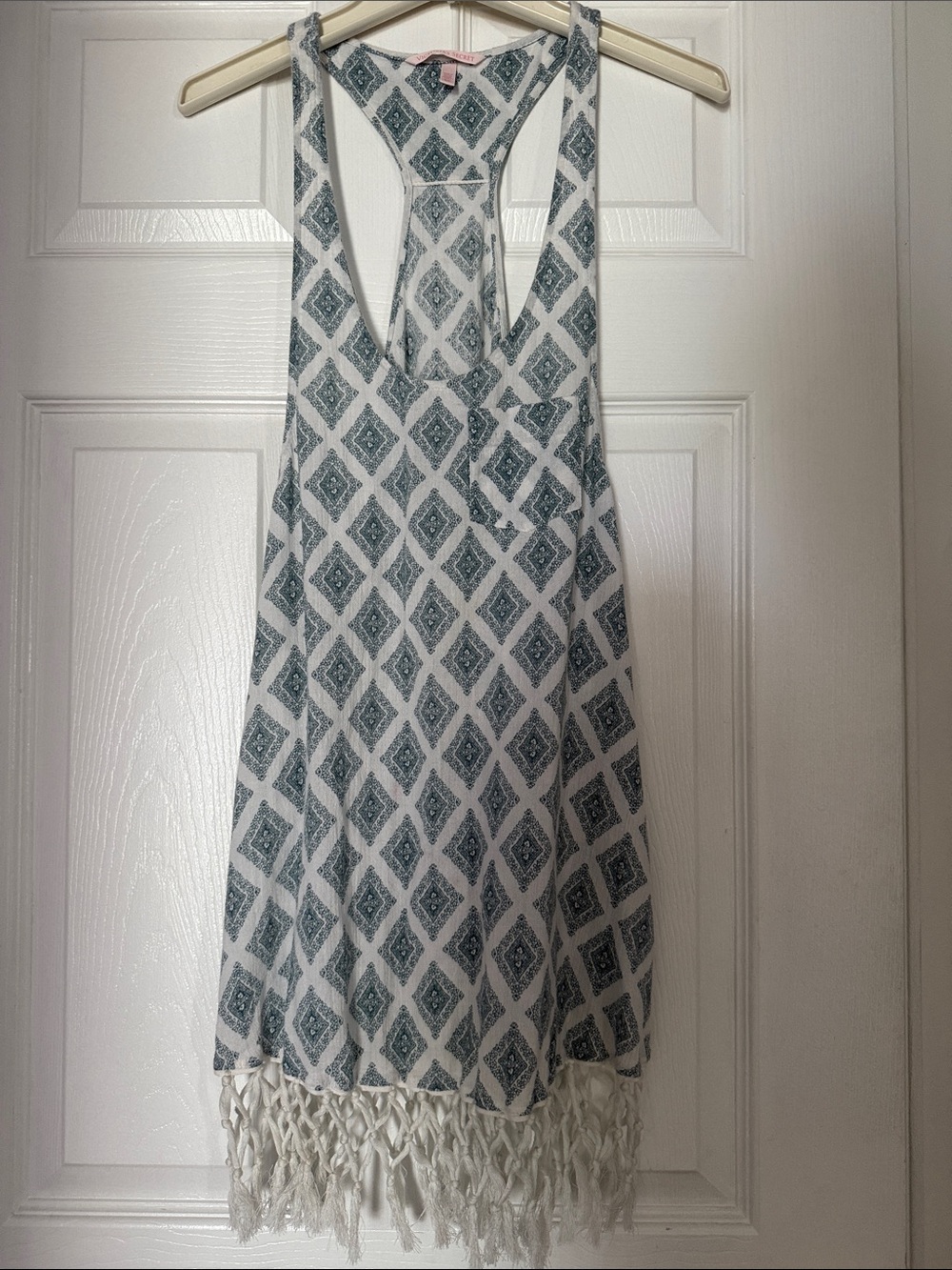 Victoria's Secret White Dress with Teal Diamond Print & Fringe Hem